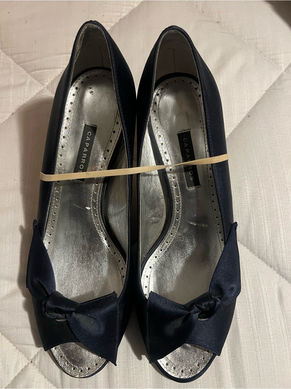 Caparros Navy Satin Peep-Toe Heels with Bow Accent